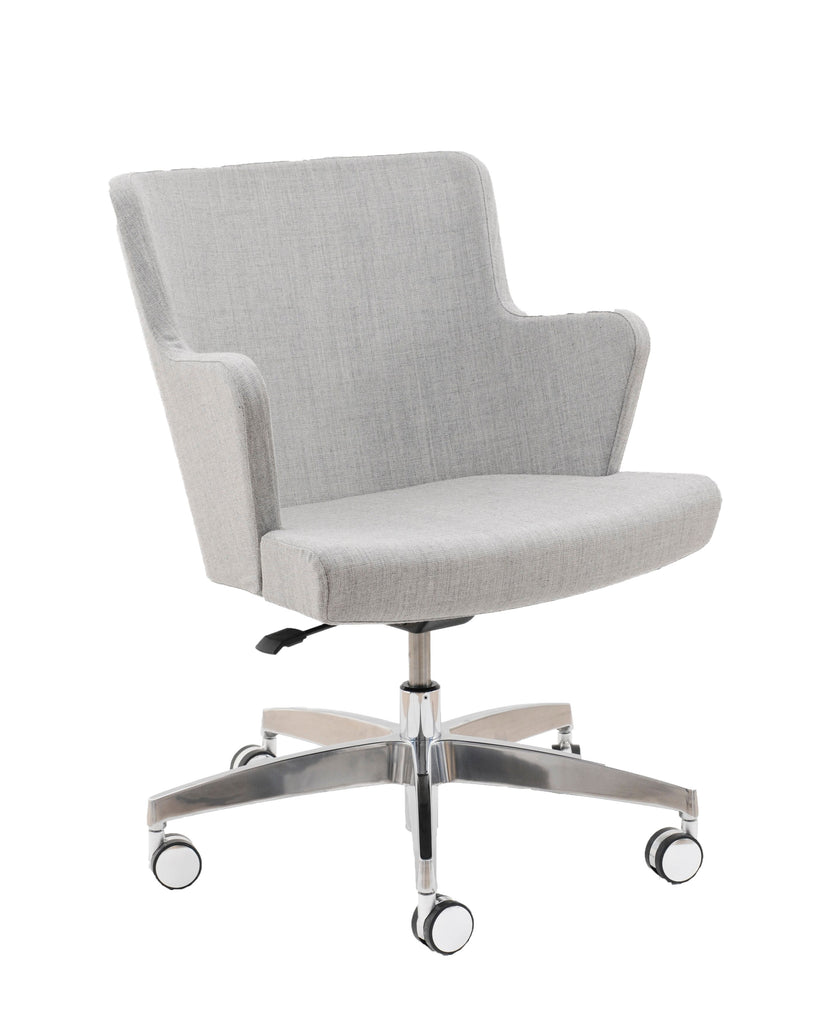 Upholstered deck chair on swivel base. Luxury home office desk chair. Aluminium chrome base. Swivel home office chair
