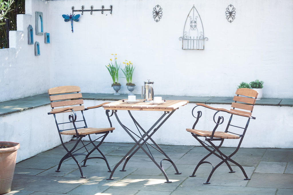 70 cm square foldable garden table, with 2 foldable garden arm chairs.